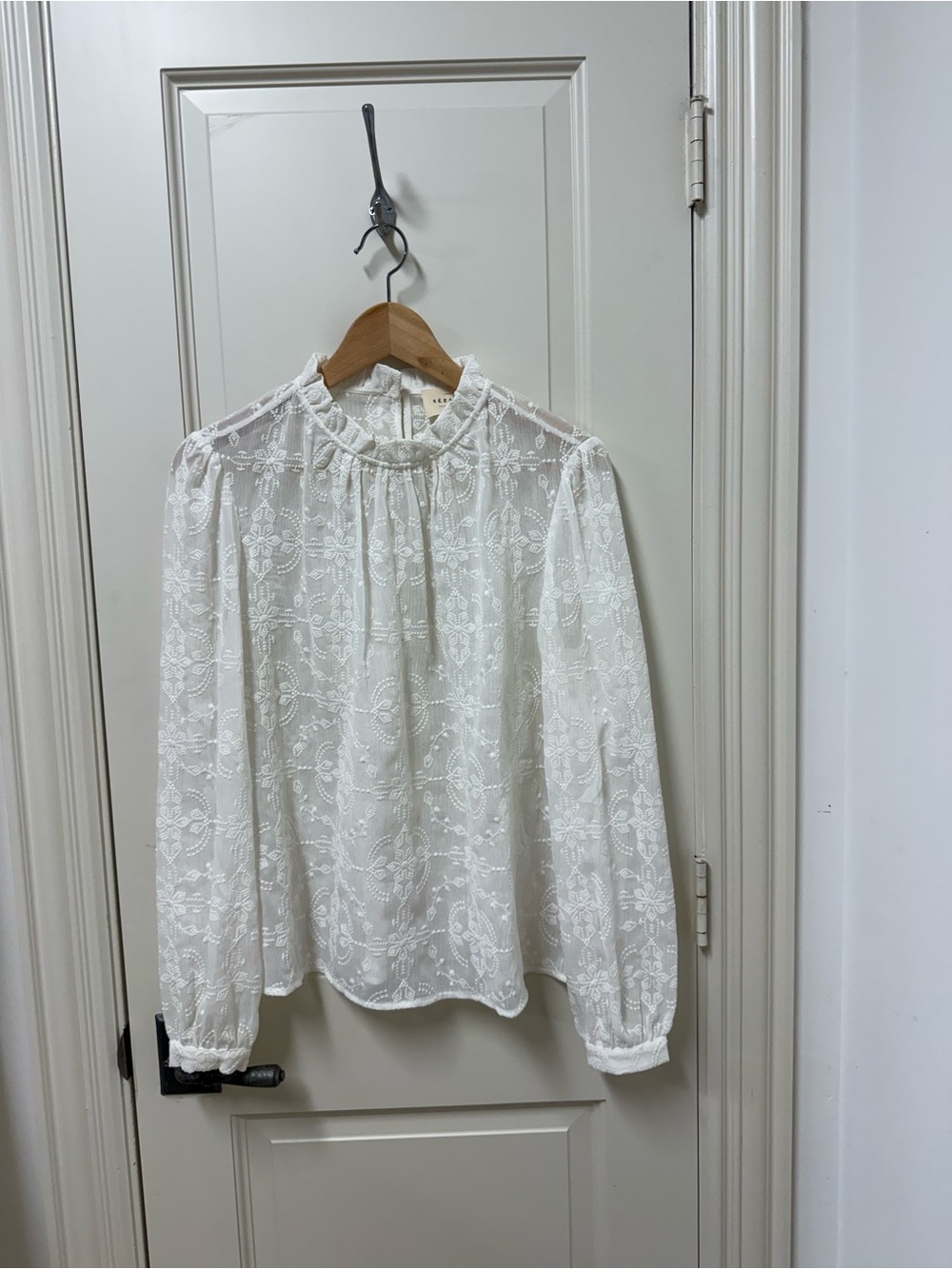 Sezane Women’s White Lace Long-Sleeve Blouse